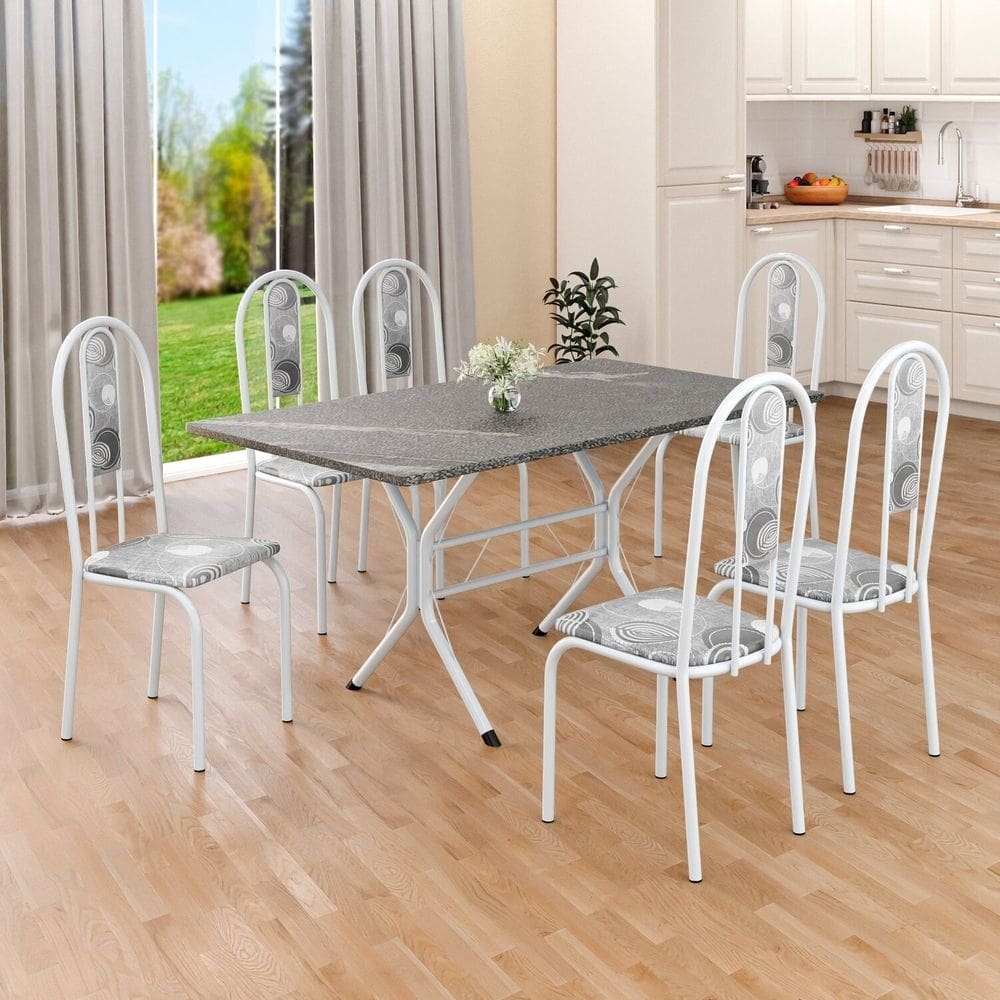 Conjunto Sala de Jantar Mesa Retangular 140x75cm Tampo Granito Topázio 6 Cadeiras Linda Yescasa Paraopeba/Branco