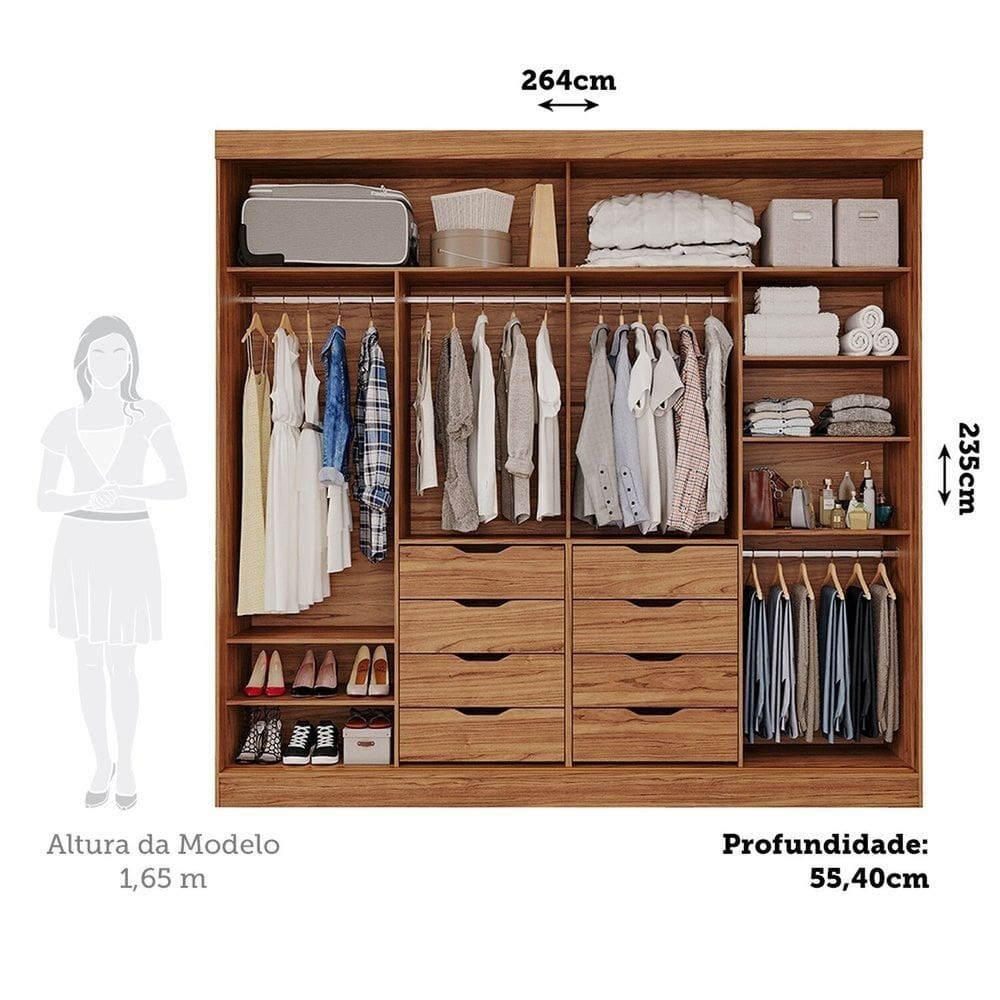 Guarda-roupa Casal 264cm 2 Portas de Correr 8 Gavetas | Extra