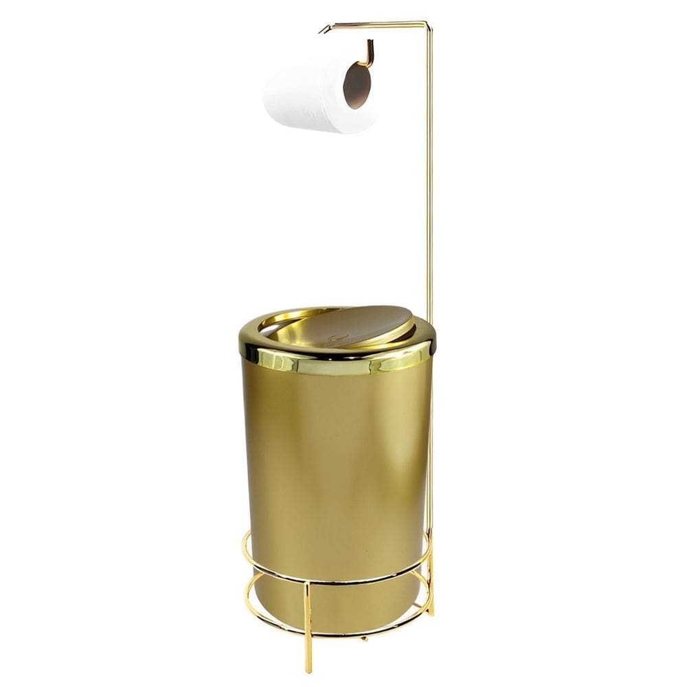 Kit Suporte Porta Papel Higiênico Com Lixeira 8L Tampa Basculante De Banheiro Cozinha Dourado - AMZ