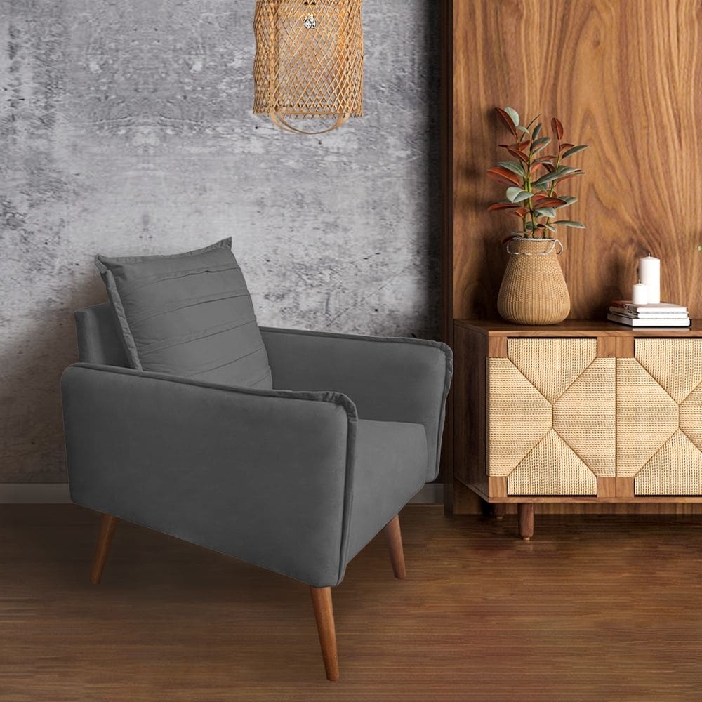 Poltrona Mandara Vintage Pés Palilto Suede Cinza