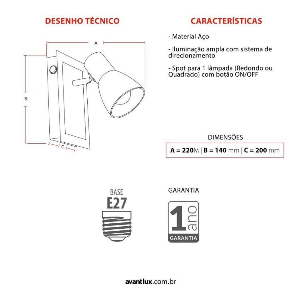 Spot Noir Quadrado Preto Fosco/brilho 1 Lampadas E27 - Avant