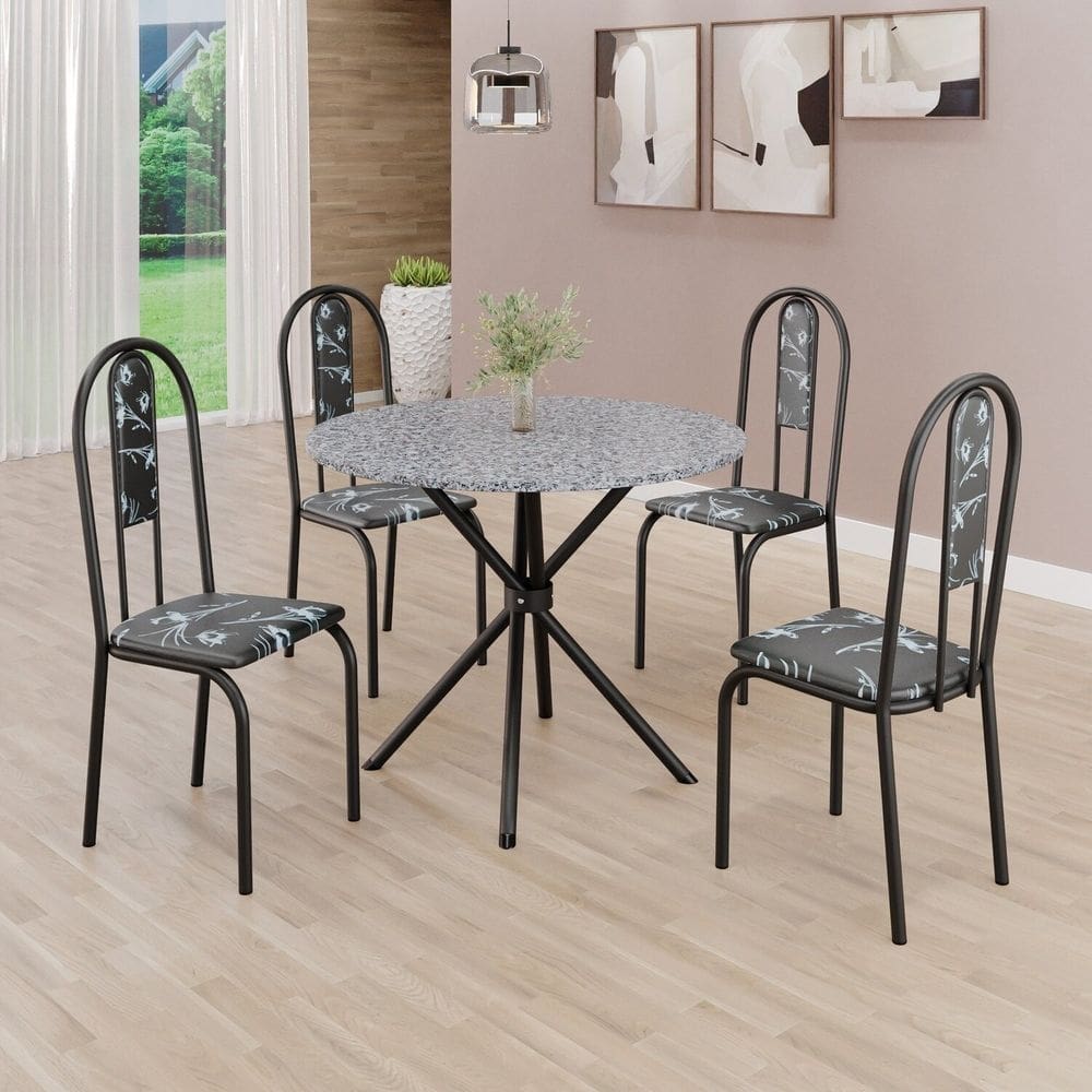 Conjunto Sala de Jantar Mesa Redonda 75cm Tampo Granito Ocre 4 Cadeiras Linda Yescasa Preto Floral/Preto Fosco