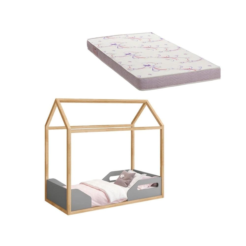 Mini Cama Montessoriana Zoe Infantil Cinza Fosco / Madeira Pinus com Colchão - Reller