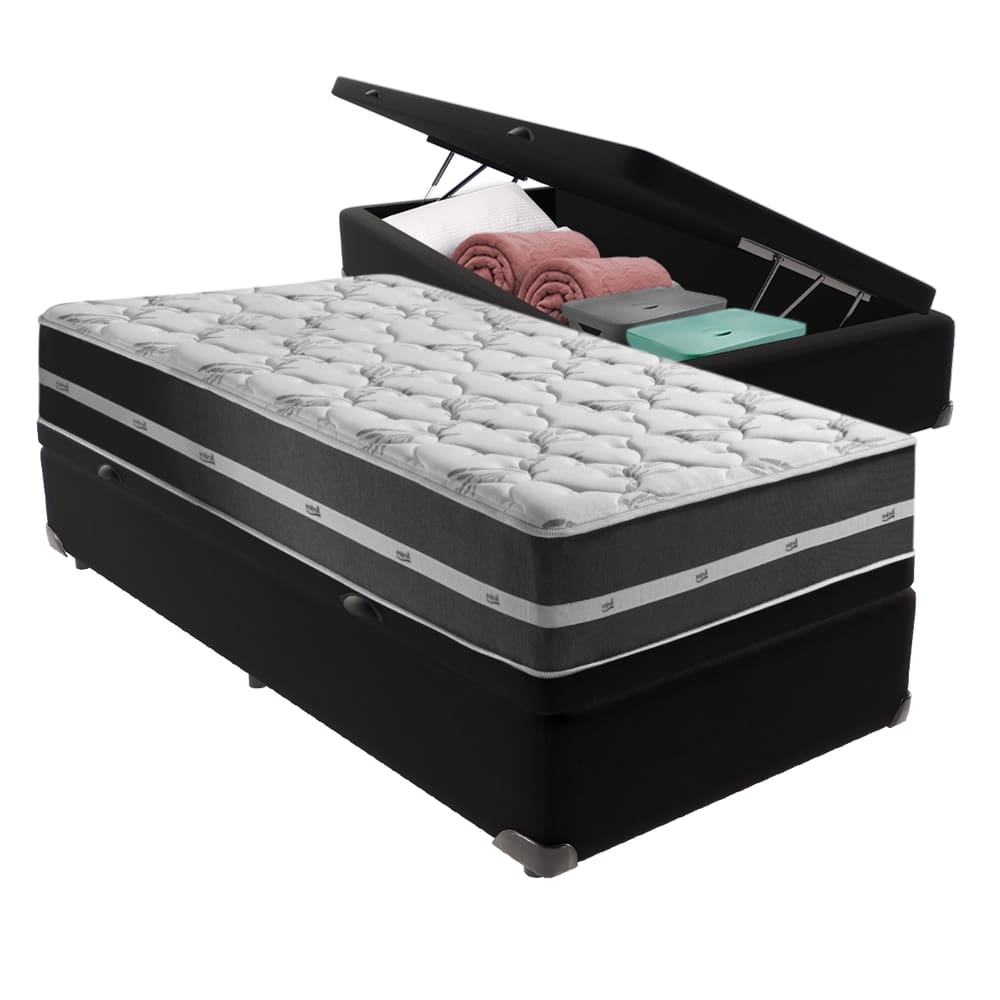 Cama Box Solteiro Preto com Base Baú Preto Classic Anjos