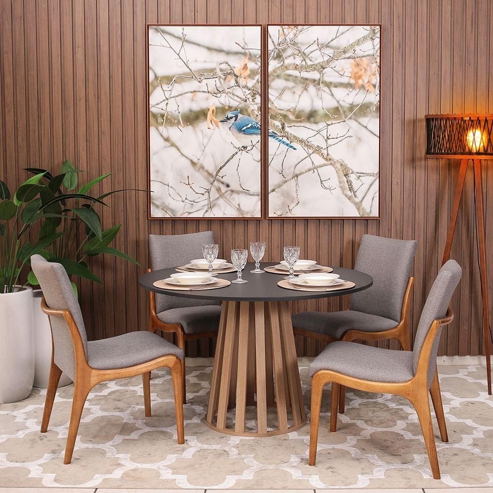 Kit Mesa De Jantar Redonda 120cm Gabi Preto/jade Com 4 Cadeiras Garbo Cinza Escuro