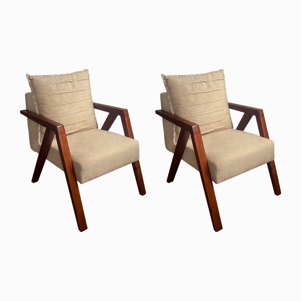 Kit 2 Poltronas Monalisa Decorativa Mona Pés de Madeira Maciça Linho Bege