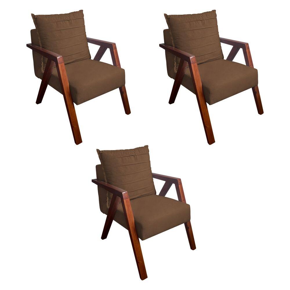 Kit 3 Poltronas Monalisa Decorativa Mona Pés de Madeira Maciça Suede Marrom 
