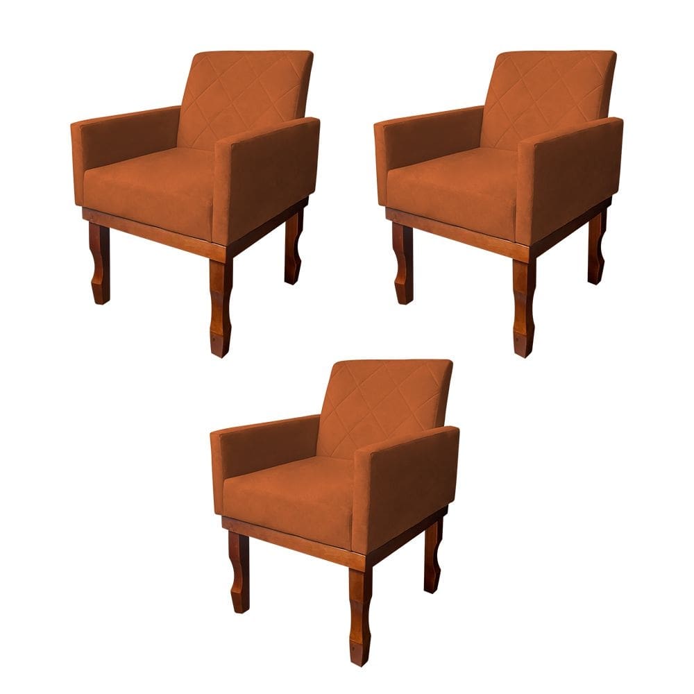 Kit 3 Poltronas Medusa Retrô Pés de Madeira Maciça Suede Terracota