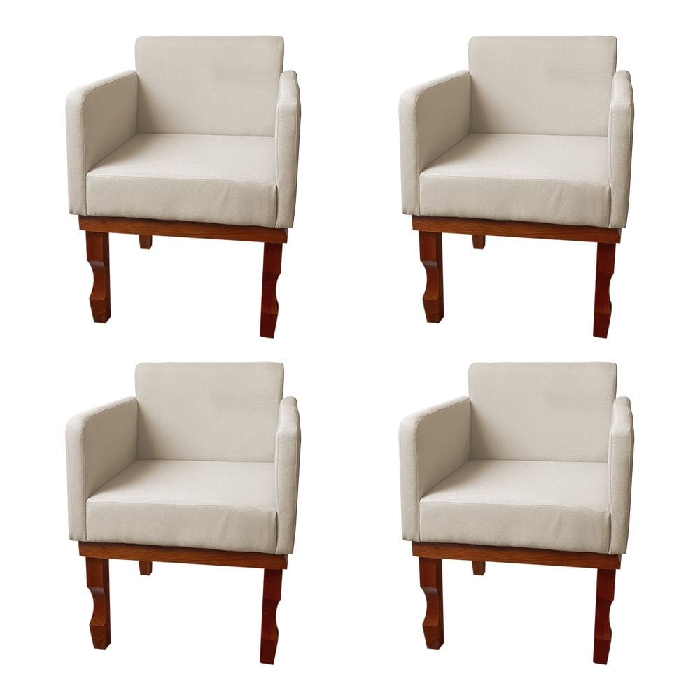 Kit 4 Poltronas Nina para Recepção Pés de Madeira Maciça Suede Bege Claro