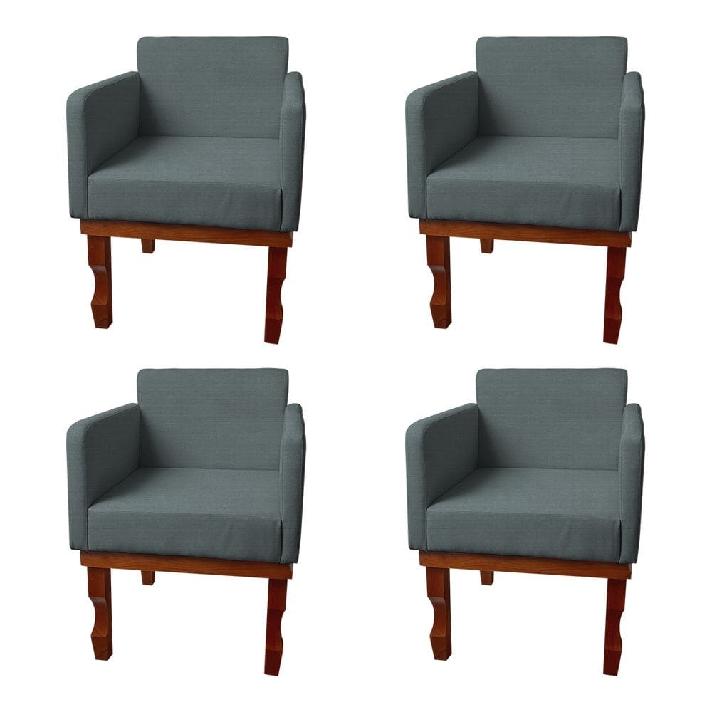 Kit 4 Poltronas Nina Para Recepção Pés De Madeira Maciça Linho Cinza Escuro