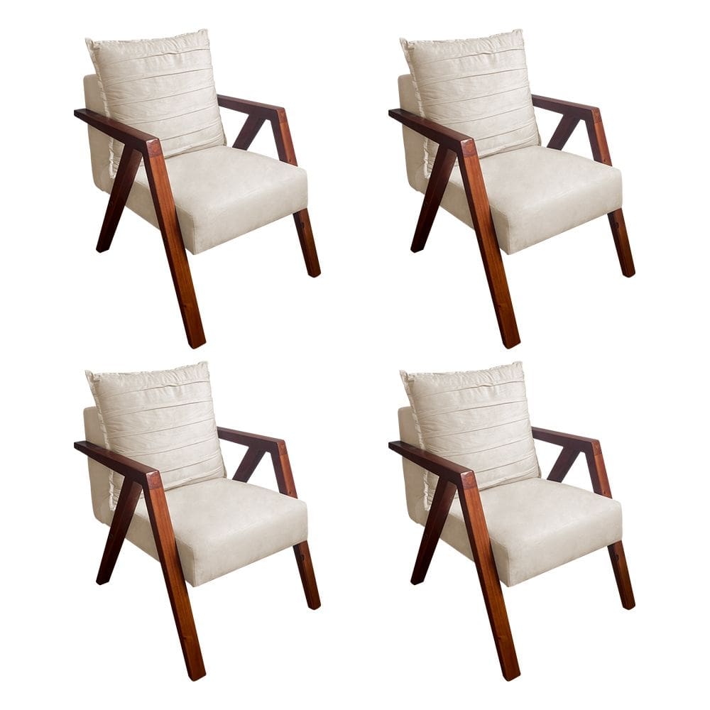 Kit 4 Poltronas Monalisa para Recepção Mona Pés de Madeira Maciça Suede Bege Claro