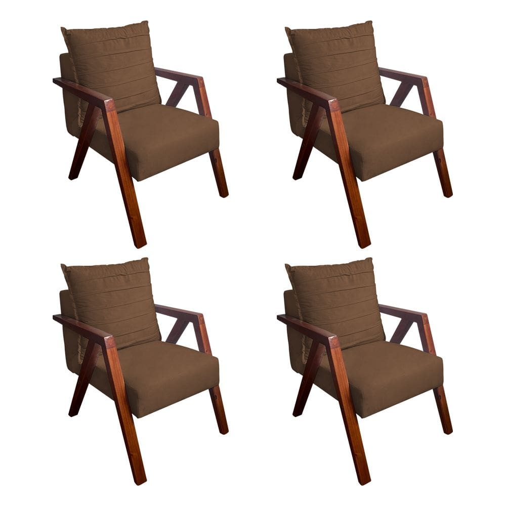 Kit 4 Poltronas Monalisa para Recepção Mona Pés de Madeira Maciça Suede Marrom