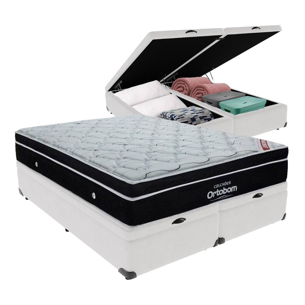 Elegant Ortobom Base Baú Branco Queen Colchão Mola Ensacada