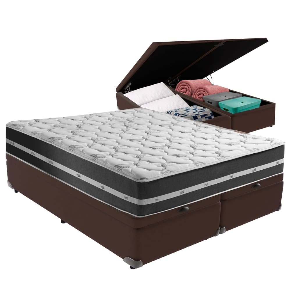 Cama Box Queen Preto com Base Baú Marrom Classic Anjos