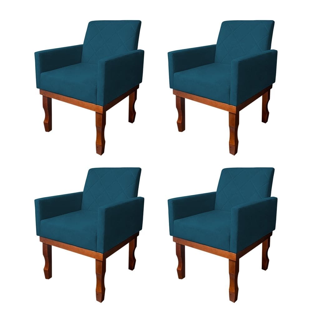 Kit 4 Poltronas Medusa para Recepção Pés de Madeira Maciça Suede Azul Marinho