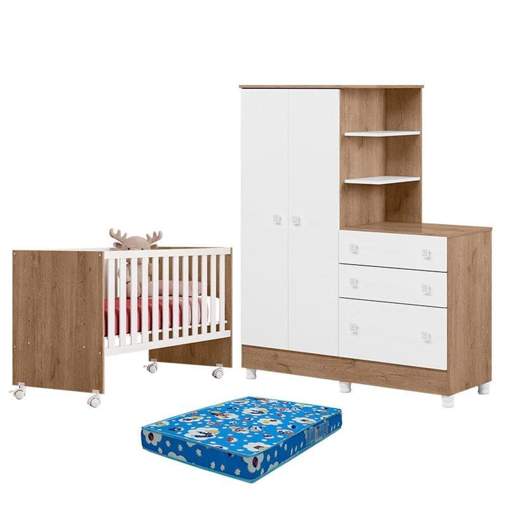 Berço Nacional 3540 e Guarda Roupa com Cômoda 4070 Doce Sonho Carvalho Rústico TOQ Branco com Pés e Colchão Ortobom – Qmovi