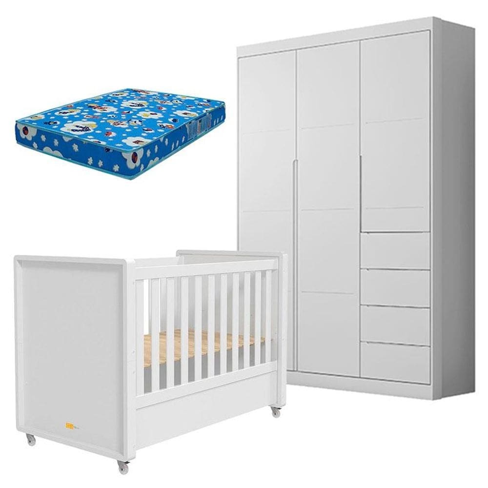 Berço Americano Tutto New e Guarda Roupa Infantil Eloá Branco Acetinado com Colchão Ortobom – Phoenix Baby