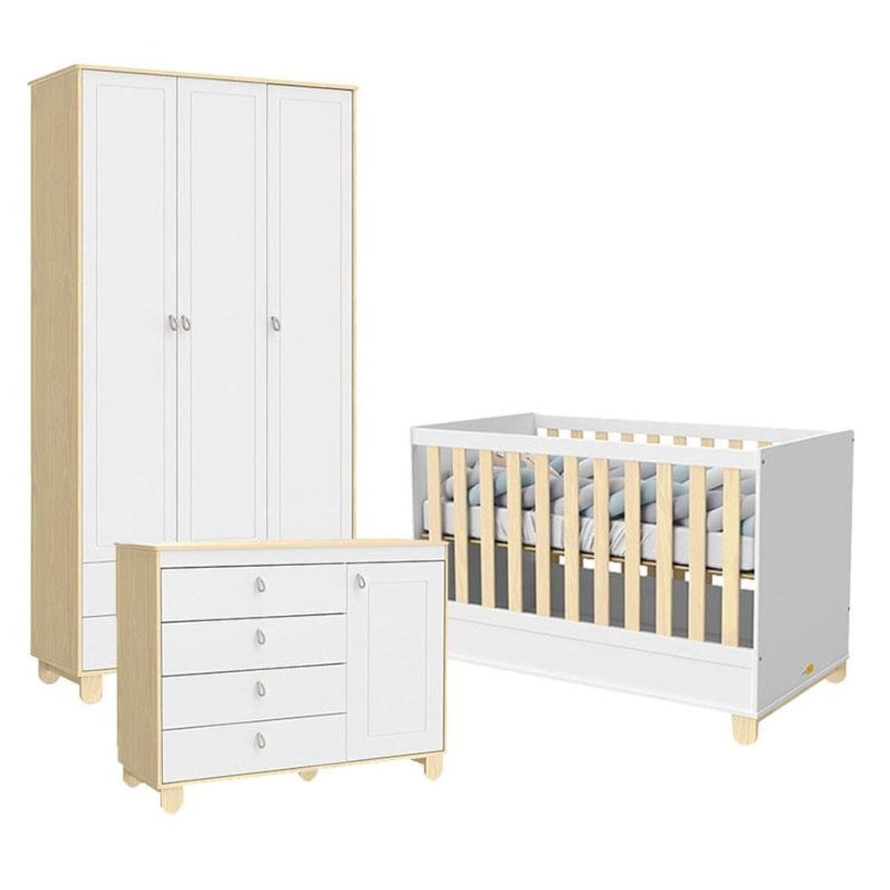 Quarto de Bebê 3 Portas Cômoda com Porta Rope Natural Branco Acetinado - Matic