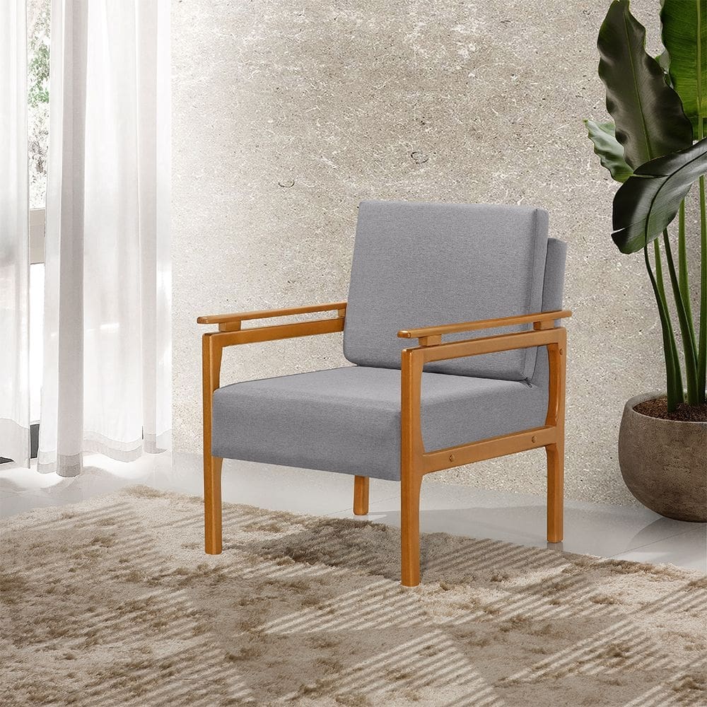 Poltrona Decorativa Pés de Madeira Maciça Yasmin Linho Cinza