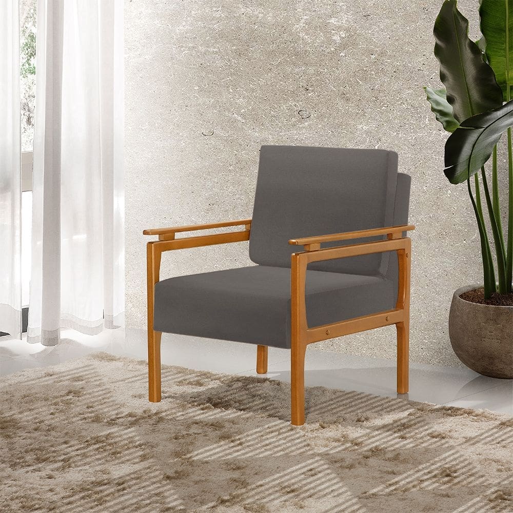 Poltrona Decorativa Pés de Madeira Maciça Yasmin Veludo Cinza