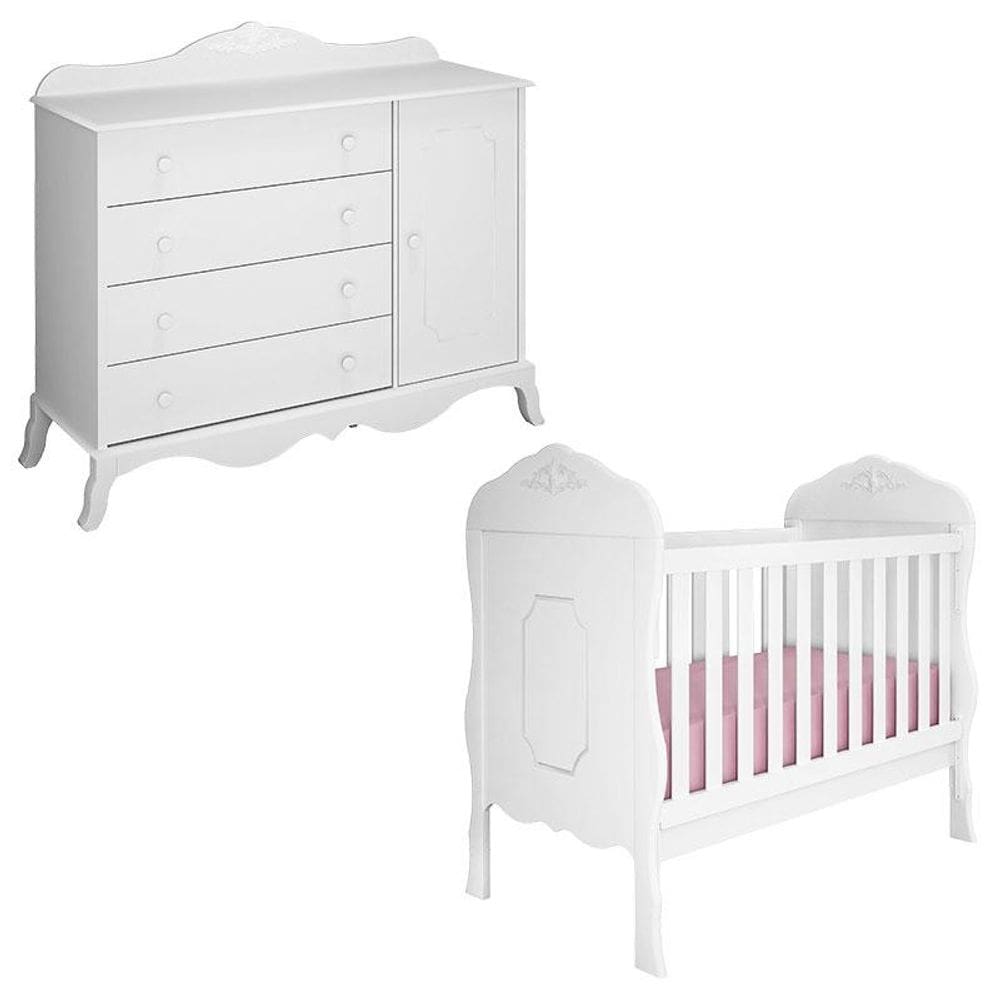 Berço Americano e Cômoda Infantil Realeza Branco Acetinado - Canaã