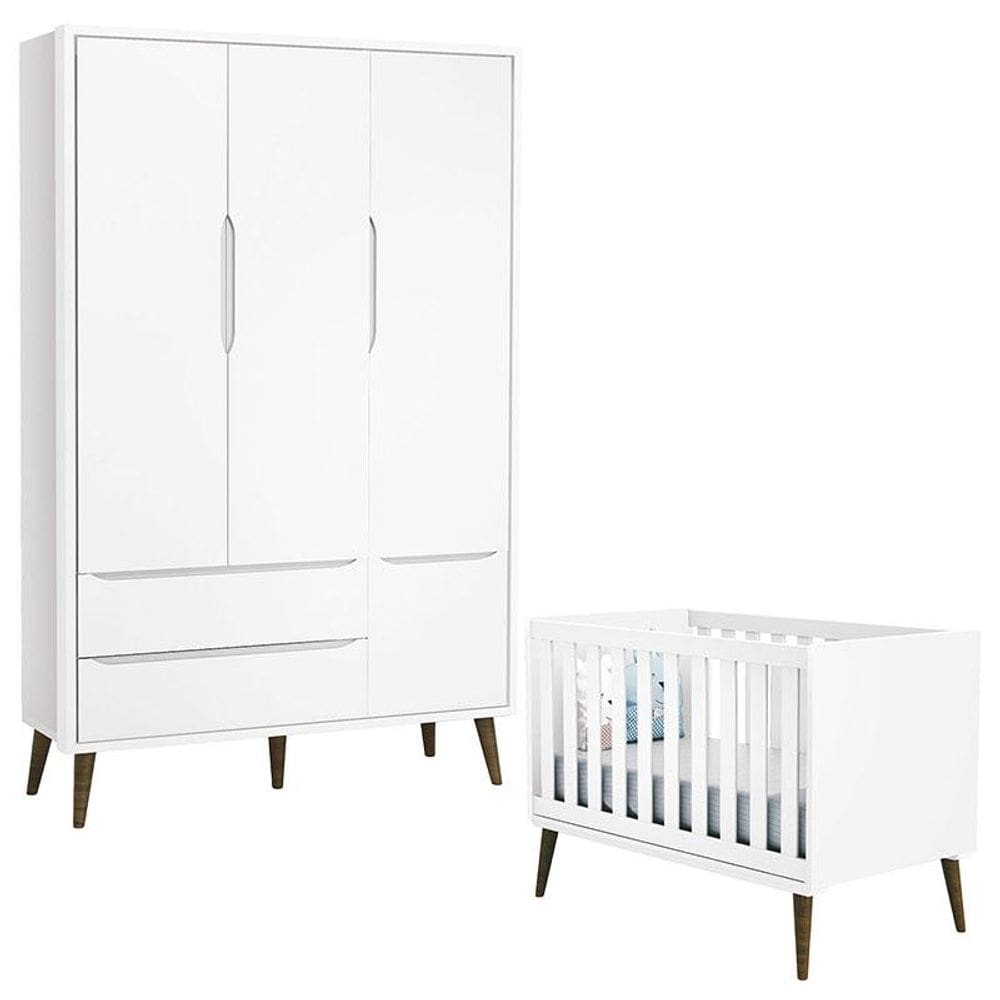 Berço Americano e Guarda Roupa 3 Portas Infantil Theo Branco Acetinado com Pés Amadeirado – Reller