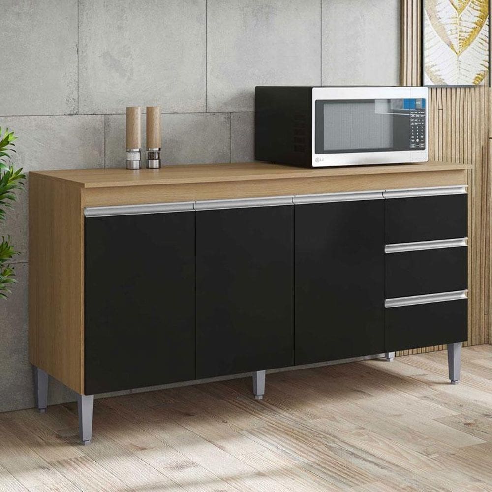 Balcão de Cozinha Ambiente Andréia com Tampo 150 cm Amendoa Preto - AJL