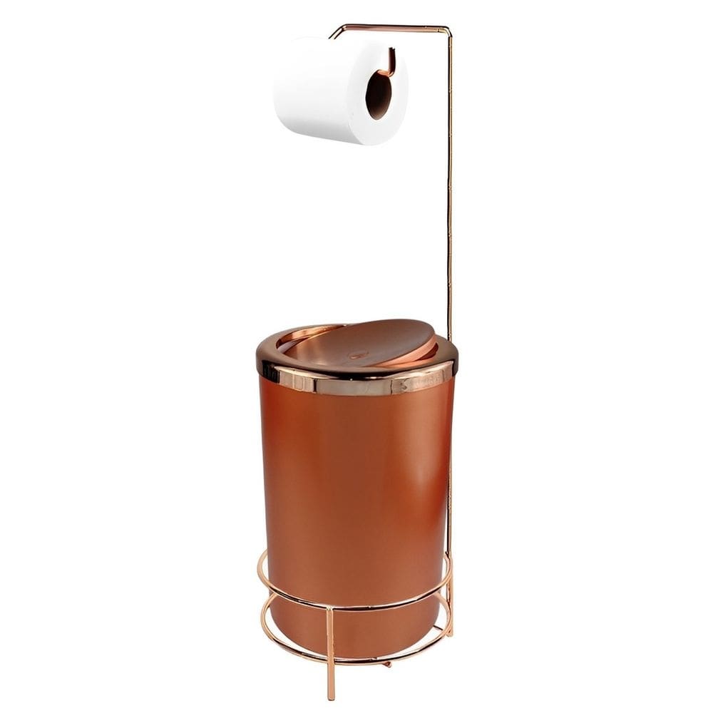 Kit Suporte Porta Papel Higiênico Com Lixeira 8L Tampa Basculante De Banheiro Cozinha Rose Gold - AMZ