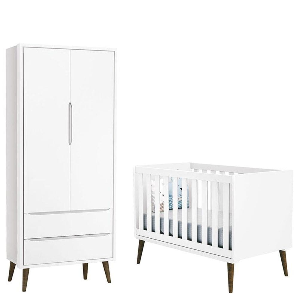 Berço Americano e Guarda Roupa 2 Portas Infantil Theo Branco Acetinado com Pés Amadeirado – Reller