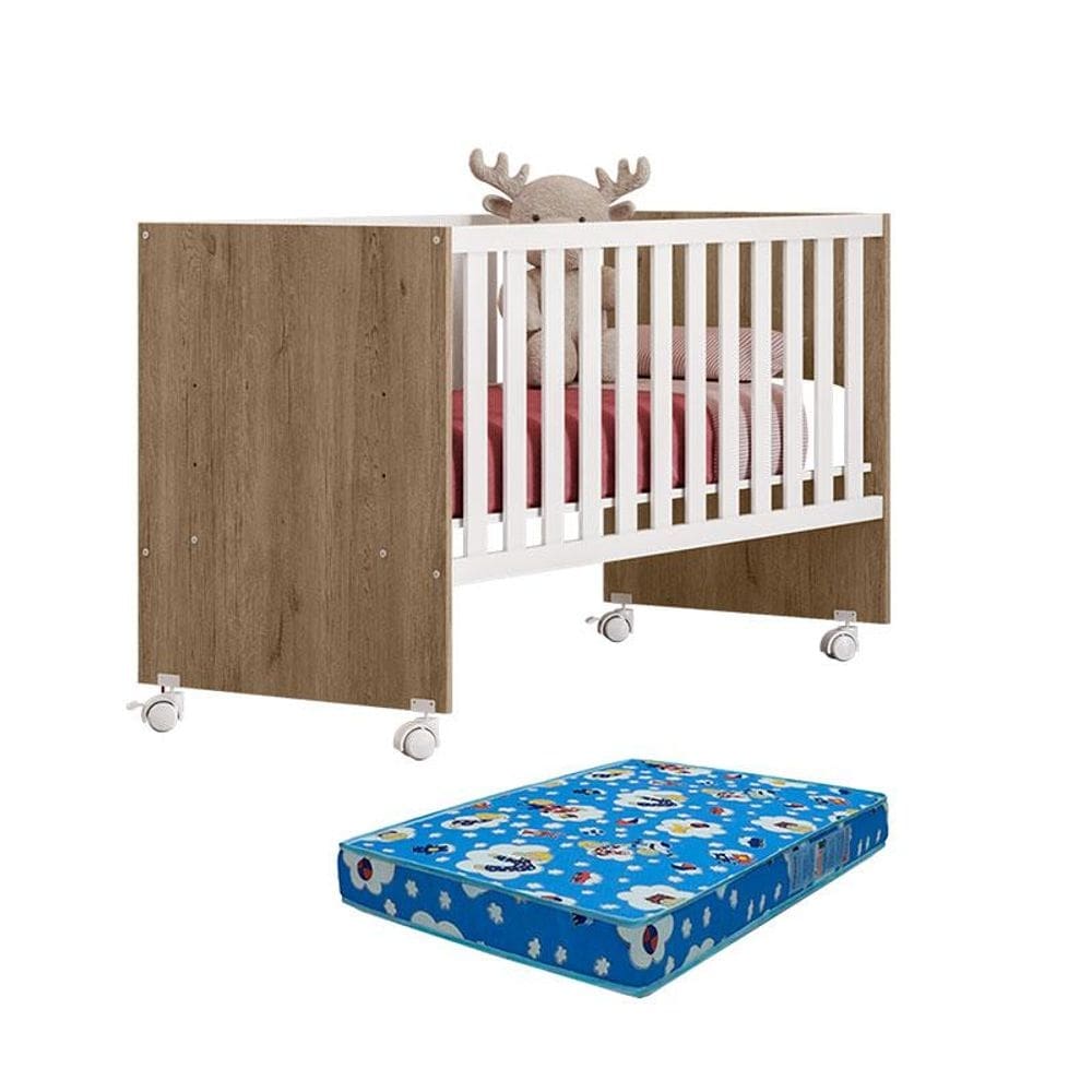 Berço Nacional Doce Sonho 3540 Carvalho Rústico TOQ Branco com Colchão Ortobom – Qmovi