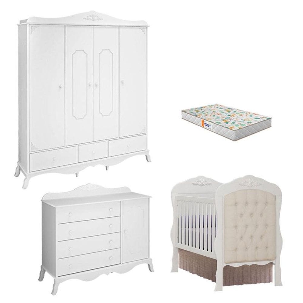 Quarto de Bebê Realeza Cômoda 1 Porta Berço com Capitonê Branco Acetinado e Colchão Gazin – Canaã