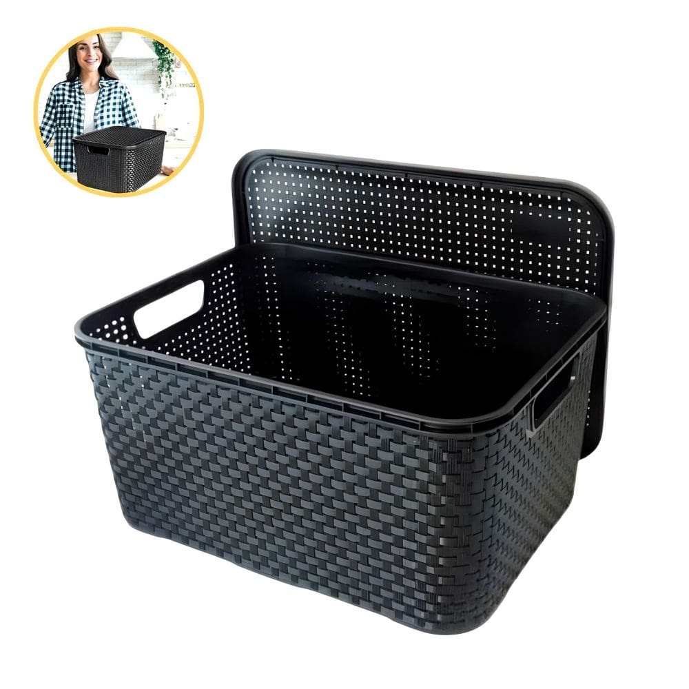 Caixa Plastica Organizadora 15 Litros Cesto Multiuso Preto Tampa Empilhavel Decorativa Documentos Arquivo Brinquedos