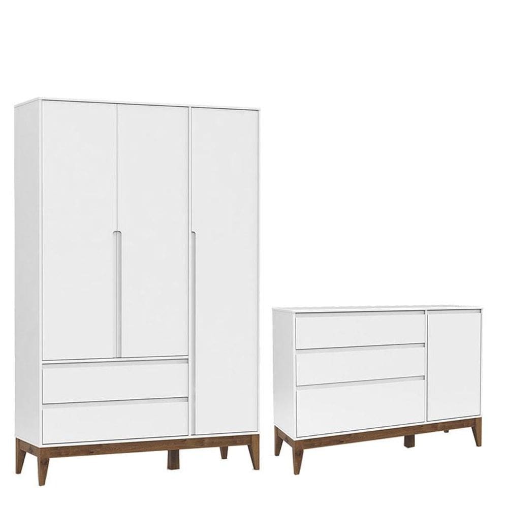 Cômoda com Porta e Guarda Roupa Nature Clean 3 Portas Branco Acetinado Eco Wood - Matic