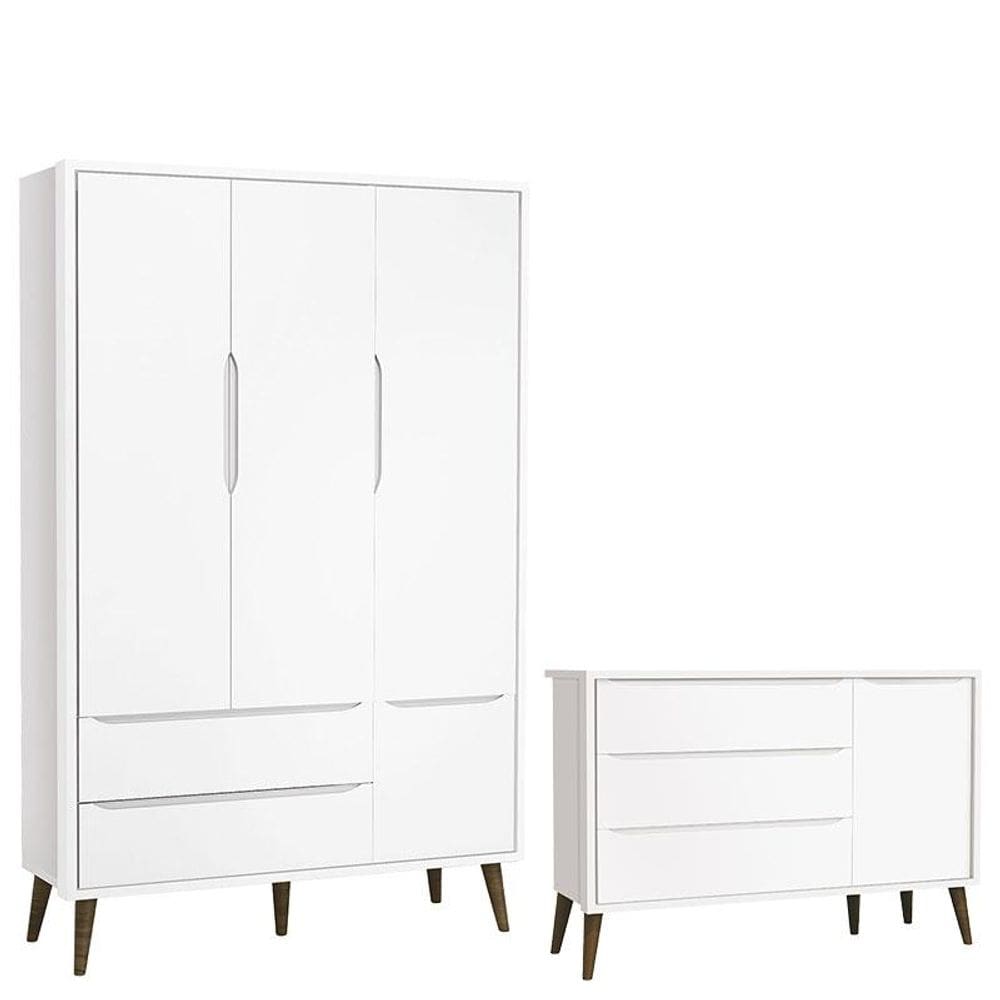 Cômoda Infantil com Porta e Guarda Roupa 3 Portas Theo Branco Acetinado com Pés Amadeirado – Reller