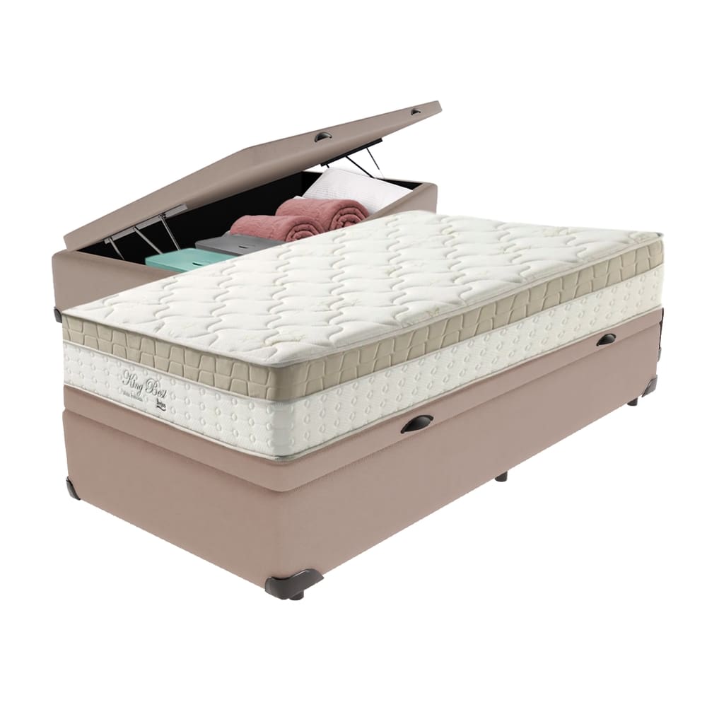 Cama Box com Baú Bege e Colchão Solteiro King Best Anjos