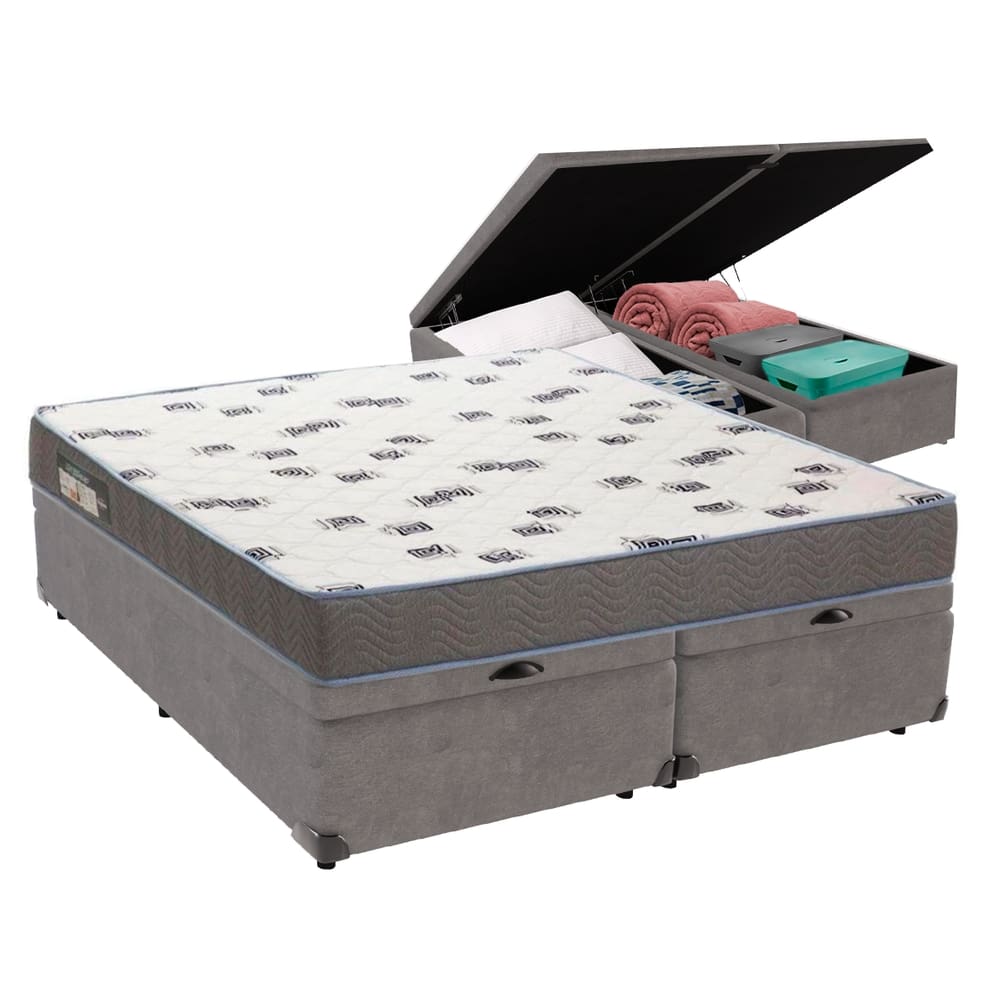 Cama Box Queen com Bau Ortobom D33 Light Cinza