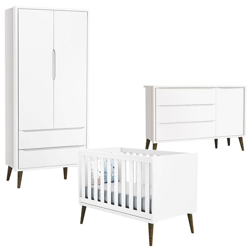 Quarto de Bebê Theo 2 Portas com Cômoda com Porta Branco Acetinado com Pés Amadeirado - Reller