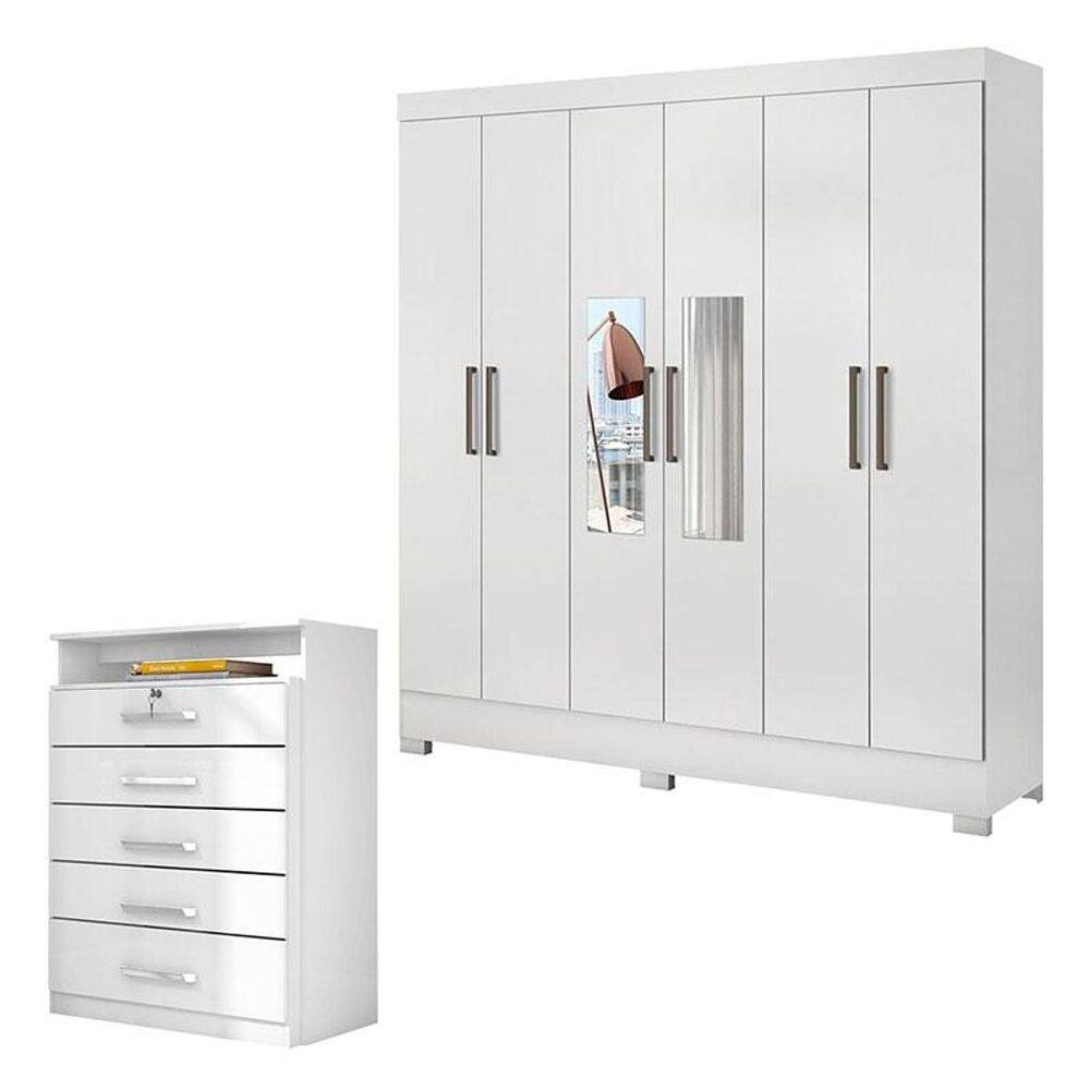 Cômoda Triunfo e Guarda Roupa Casal Prático Branco com Espelho - Demóbile