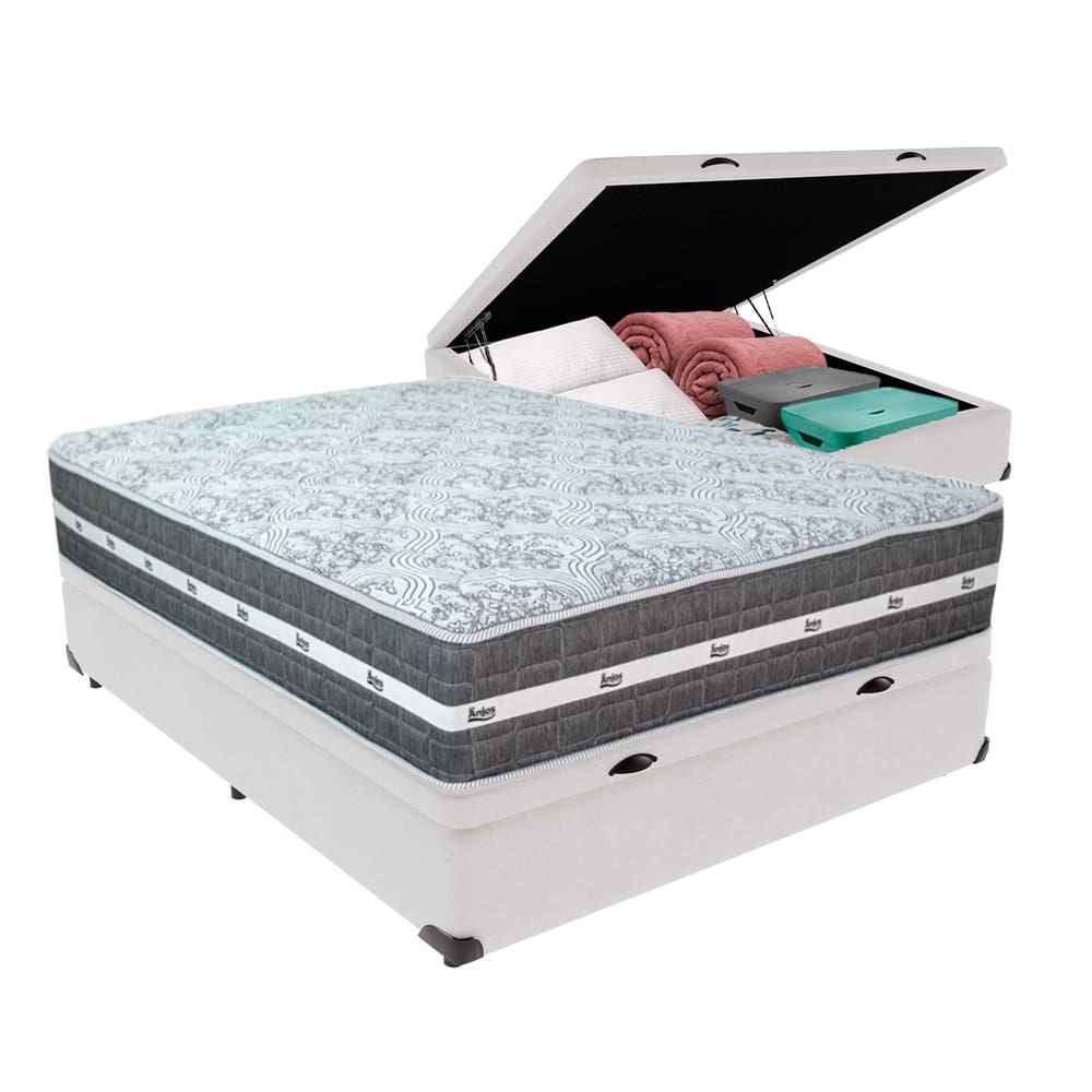 Cama Box com Baú Bege e Colchão Casal Black Grafit Anjos