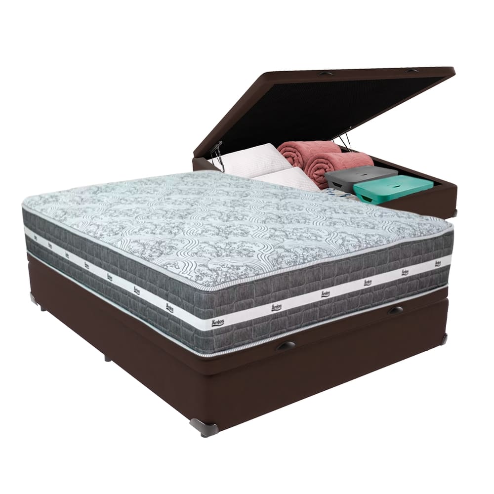 Cama Box com Baú Bege e Colchão Casal Black Grafit Anjos