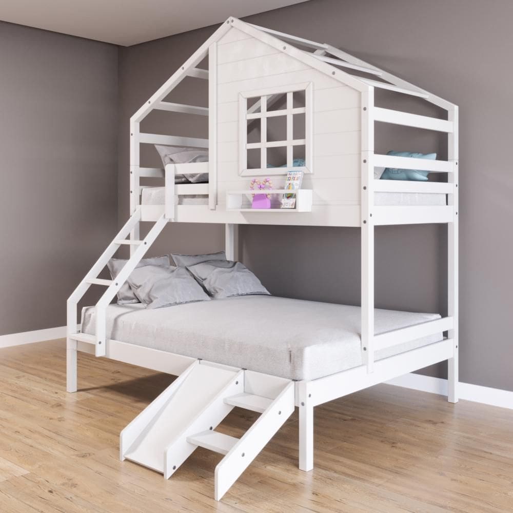 Beliche Casinha com Janela Casal/Solteiro com Escada/Escorregador Madeira Maciça Branco Housin