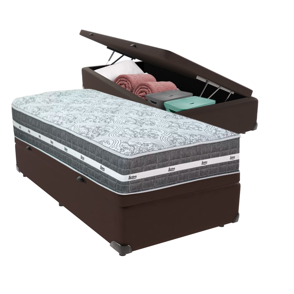 Cama Box com Baú Marrom Colchão Solteiro Black Grafit Anjos