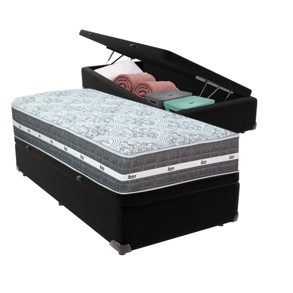 Cama Box com Baú Preto e Colchão Solteiro Black Grafit Anjos