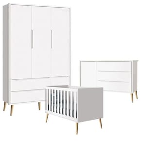 Quarto de Bebê Theo 3 Portas com Cômoda Branco Acetinado Pés Madeira Natural - Reller