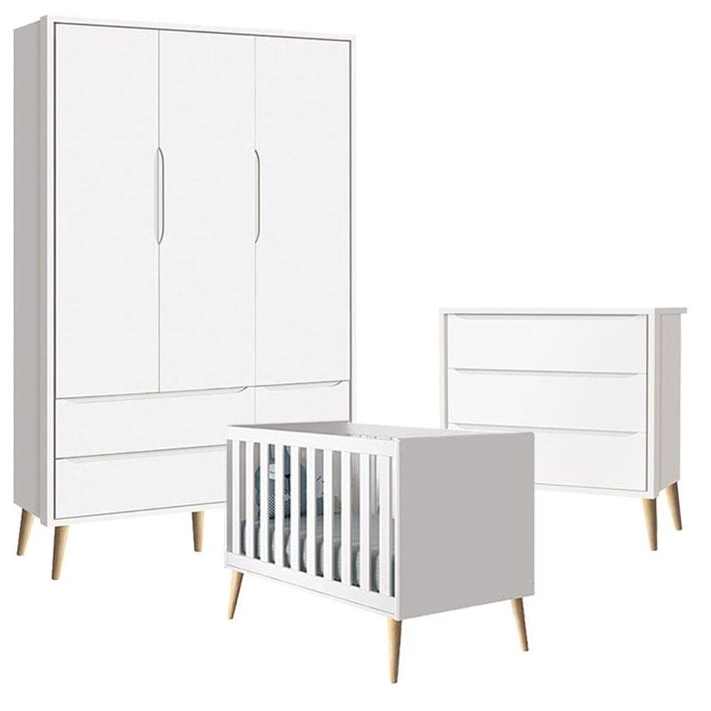 Quarto de Bebê Theo 3 Portas com Cômoda Gaveteiro Branco Acetinado Pés Madeira Natural - Reller