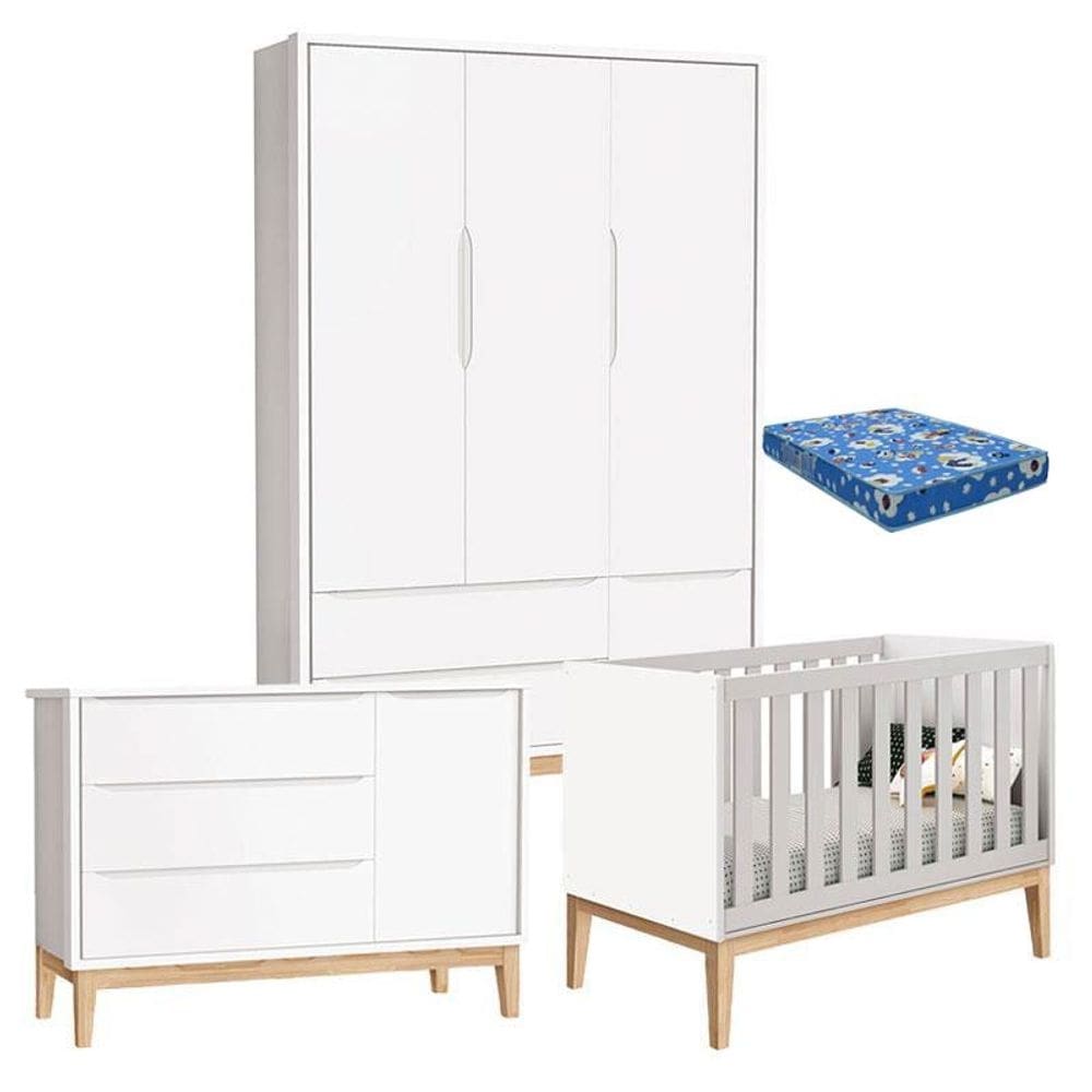 Quarto de Bebê Classic 3 Portas com Colchão Branco Pés Madeira Natural - Reller