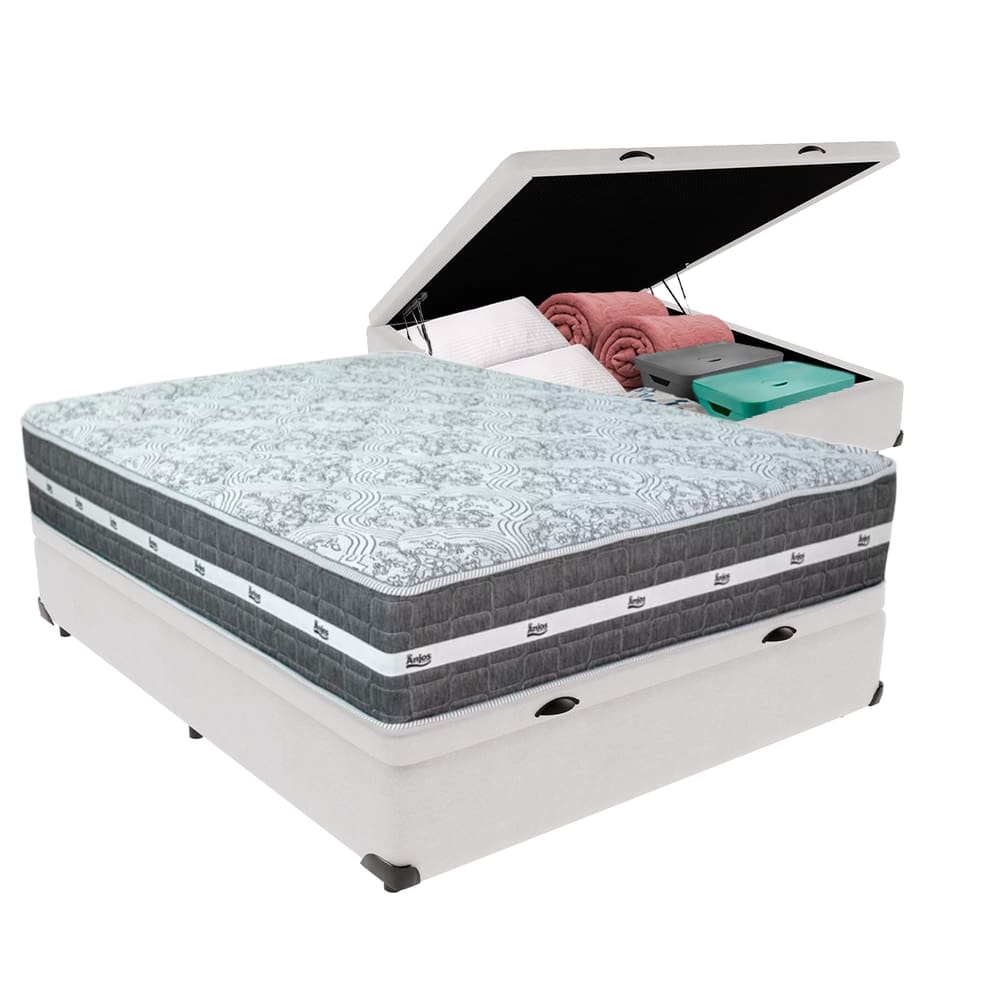 Cama Box com Baú Bege e Colchão Casal Black Grafit Anjos