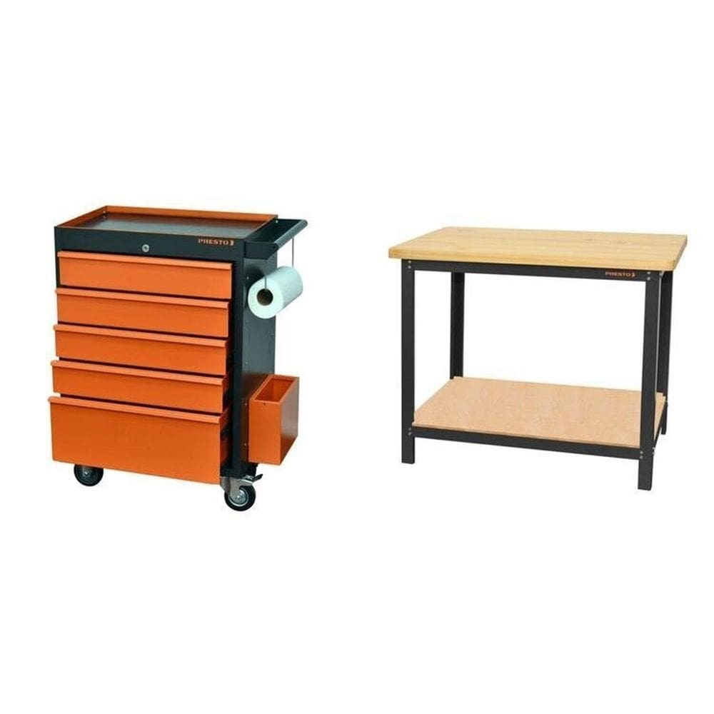Conjunto Bancada para Ferramentas 110cm Carro de Ferramentas Profissional 5 Gavetas Presto Laranja