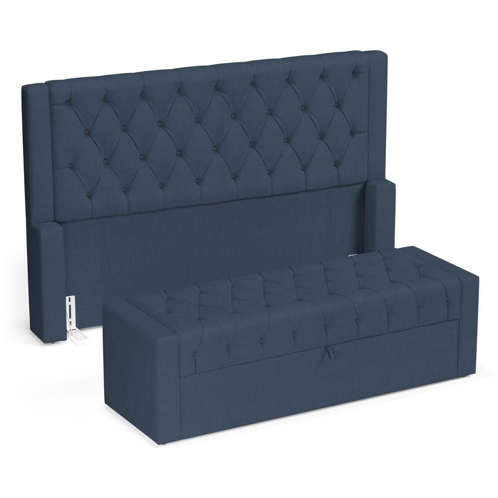 Cabeceira e Calçadeira Báu Queen Size Atena 160cm Capitonê Linho Azul - Desk Design