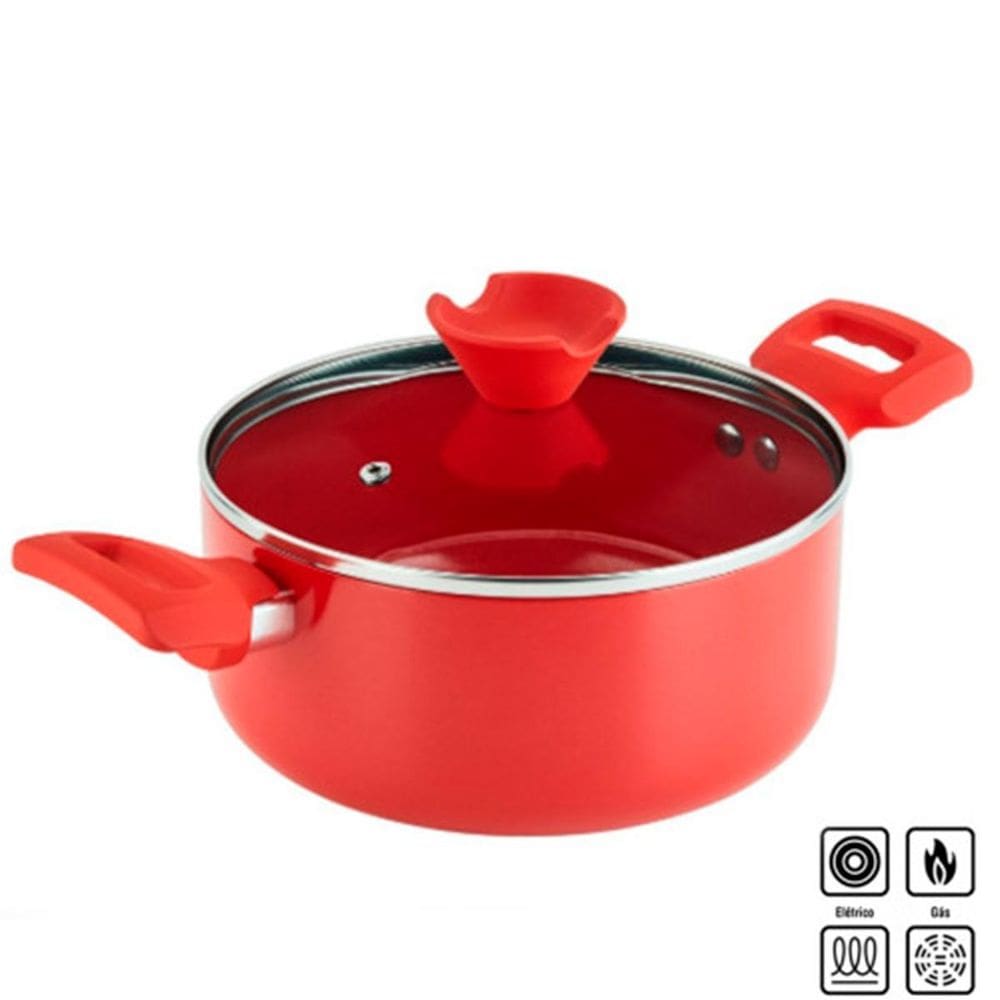Caçarola Ceramic Red 20Cm Fundo De Indução Tampa De Vidro